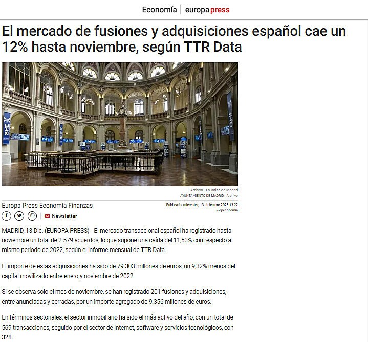 El mercado de fusiones y adquisiciones espaol cae un 12% hasta noviembre, segn TTR Data